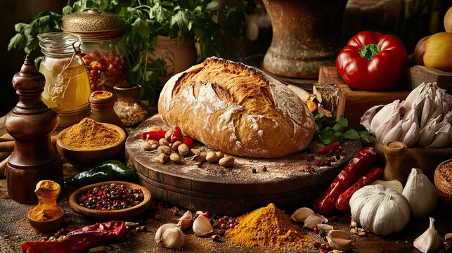 Rustic bread, spices, and vegetables; still life food photography for cookbook or blog.