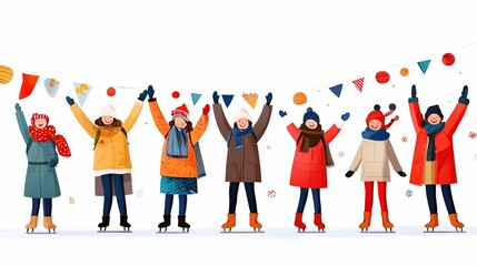 Obraz premium Winter lifestyle routine concept. A group of happy friends ice skating outdoors, dressed in colorful winter clothing, celebrating with festive decorations in the background.