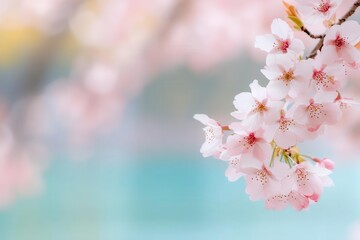 Cherry blossoms framing a serene lake, vibrant colors reflecting spring's beauty, nature coming alive.