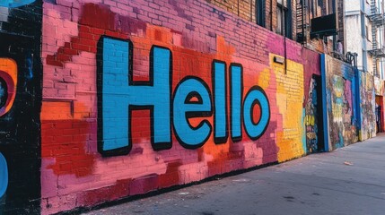 Colorful "Hello" mural on brick wall.