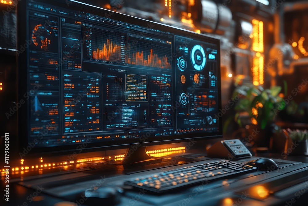 Poster cyberpunk tech dashboard: futuristic digital interface display