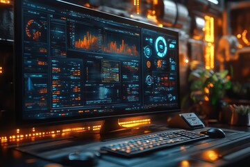Obraz premium Cyberpunk Tech Dashboard: Futuristic Digital Interface Display