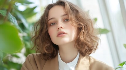 Fototapeta premium An eco-fashion photoshoot showcasing a model donning biodegradable clothing, against a vibrant spring setting, captured in a contemporary editorial flair.