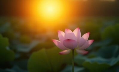 Serene pink lotus flower at sunset