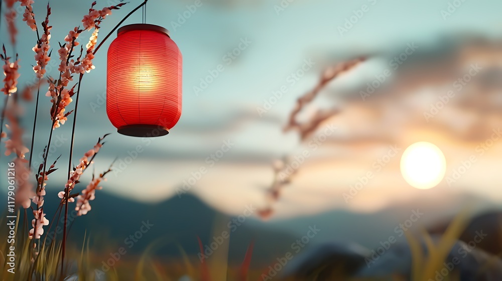 Poster vibrant red lanterns sway gently in the breeze casting a warm glow against the backdrop of a serene 
