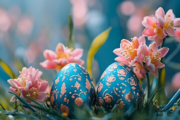eggs and color for holiday, vacation and easter season with color, chocolate and celebration. Flowers, grass and decoration in abstract for creative wallpaper, advertisement and art., Generative AI