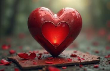 Fototapeta premium red heart-shaped candle holder with a lit candle inside, casting a warm glow, surrounded by delicate red petals on a rustic surface. Romantic, cozy, and filled with love.