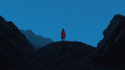 Solitary figure in red coat atop hill between dark rocks at dusk.