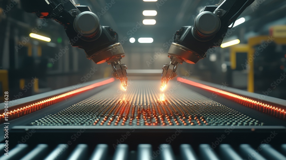 Poster two robots working collaboratively on a polished metal surface in advanced technological environment
