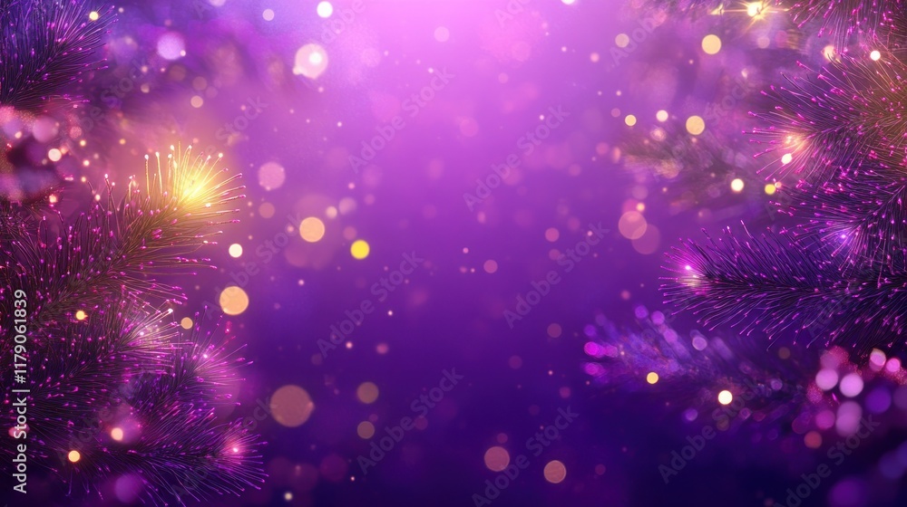 Poster purple bokeh background with sparkling pine branches.