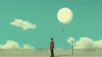 Solitary figure on rooftop, surreal sky, large moon.