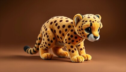 Adorable Cartoon Cheetah Plush Toy Against a Brown Background