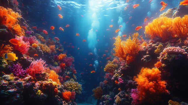 Vibrant coral reef, colorful fish, underwater scene.