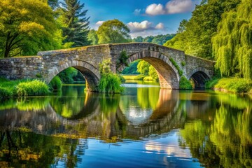 Fototapeta premium Scenic rural landscape: a charming stone bridge spans a serene lake in the UK countryside.