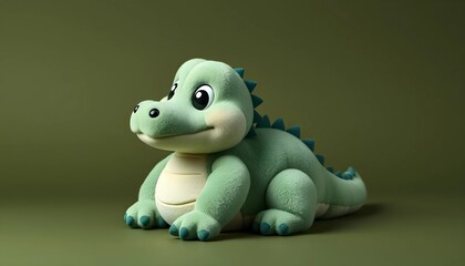 Cute Cartoon Crocodile Plush Toy on a Solid Olive Green Background