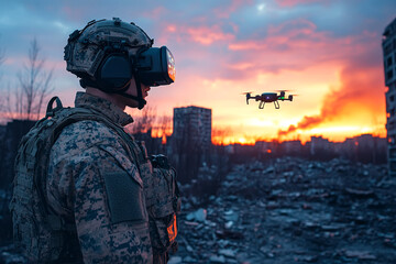 Soldier Operating Drone in Urban Ruins During Vibrant Sunset with Tactical Gear