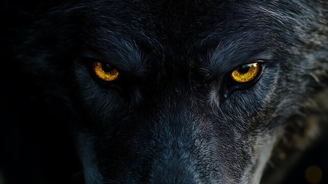 Close-up of a black wolf's intense golden eyes in low light.