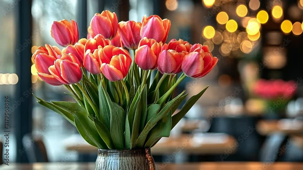 Poster a vibrant bouquet of pink and white tulips stands tall in a vase, bringing spring's beauty indoors. 