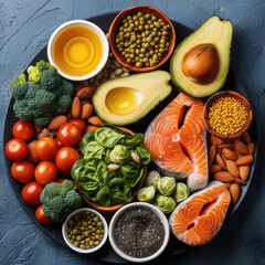 Foods rich in vitamin A, vitamin C, vitamin E, lutein, Zea-xanthin, omega-3 fatty acids, and zinc. top view.