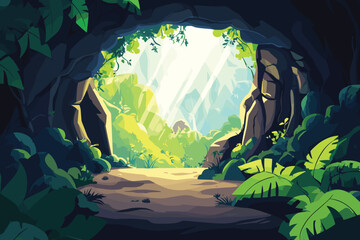 Fairy tale Forest cave Flat style cartoon vector illustration isolated on a white background