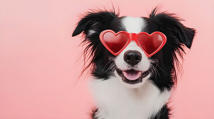 Fototapeta premium Black and white cute dog on pastel background. Border Collie puppy in red heart shaped Valentine's day sunglasses. greeting card, banner for Women's and Mother's day, birthday, wedding with copy space