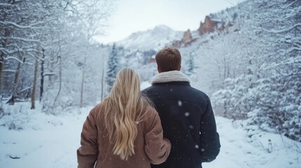 Obraz premium Couple walking snowy path, winter landscape.