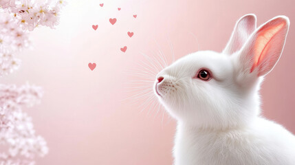 Cute rabbit and heart, Valentine's Day, A vibrant image of a cute pink rabbit blowing kisses surrounded by tiny hearts, perfect for romantic or whimsical themes in high fidelity.