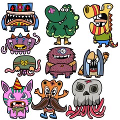 Hand-drawn illustrations, monsters doodle, Hand Drawn cartoon monster illustration,Cartoon crowd doodle hand-drawn Doodle style.
