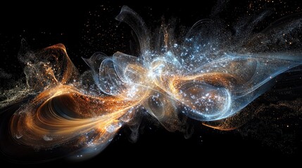 Obraz premium Abstract swirling cosmic nebula with orange and blue glowing particles.