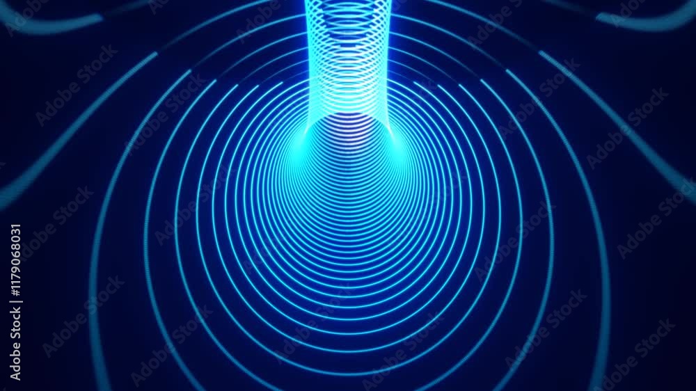 Poster dynamic blue neon light trails forming wave-like tunnel patterns in a dark digital space, representi