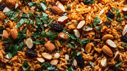 Aromatic Rice Dish with Almonds and Raisins, Overhead Shot, Food Photography, Recipe Illustration.