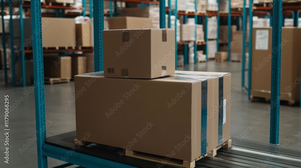 Poster streamlined warehouse operations, pallets of boxes organized for efficient distribution and inventor