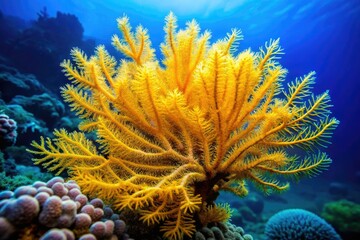 Obraz premium Sunlit ocean reef reveals a stunning yellow gorgonian coral in a breathtaking long exposure photo.