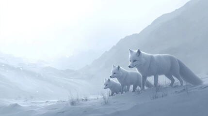Naklejka premium A family of arctic foxes with their winter white coats, barely visible against the snow as they hunt.