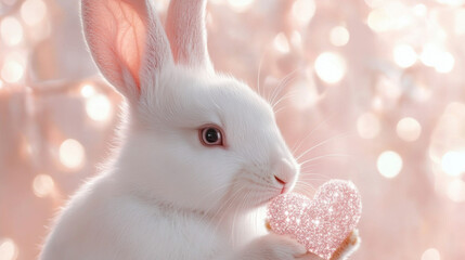 Cute rabbit and heart, Valentine's Day, A whimsical image of a pink rabbit joyfully holding a sparkling magical heart, showcasing high fidelity and vibrant colors in a fantasy setting.