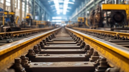 Striking yellow line guides the way along the train track, a journey through the rails