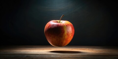Surreal levitating apple, dark minimalist still life, low-light night photography.