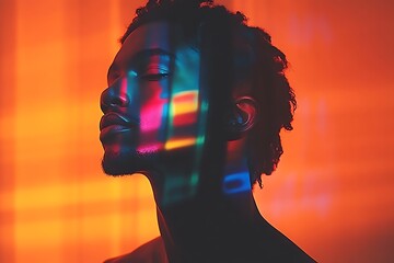 Man's face illuminated by colorful light projections.