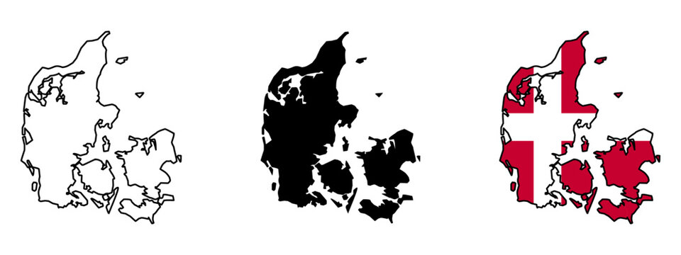 Set of vector maps of Denmark. Mercator projection. Filled and outline.