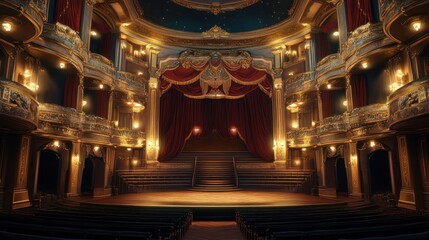 Obraz premium Luxurious ornate theater stage, empty auditorium, rich colors, dramatic lighting, elegant architecture.