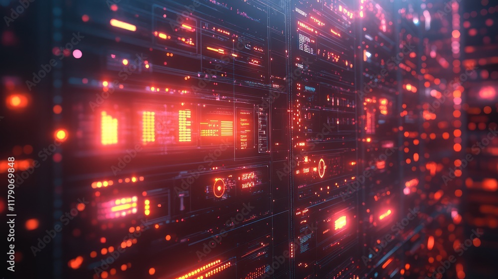 Poster abstract futuristic digital interface: red neon lights and glowing data streams