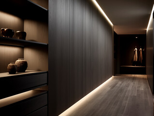 Modern living space. Hallway with hidden shelves and storage. Dark wood tones furniture and panels.