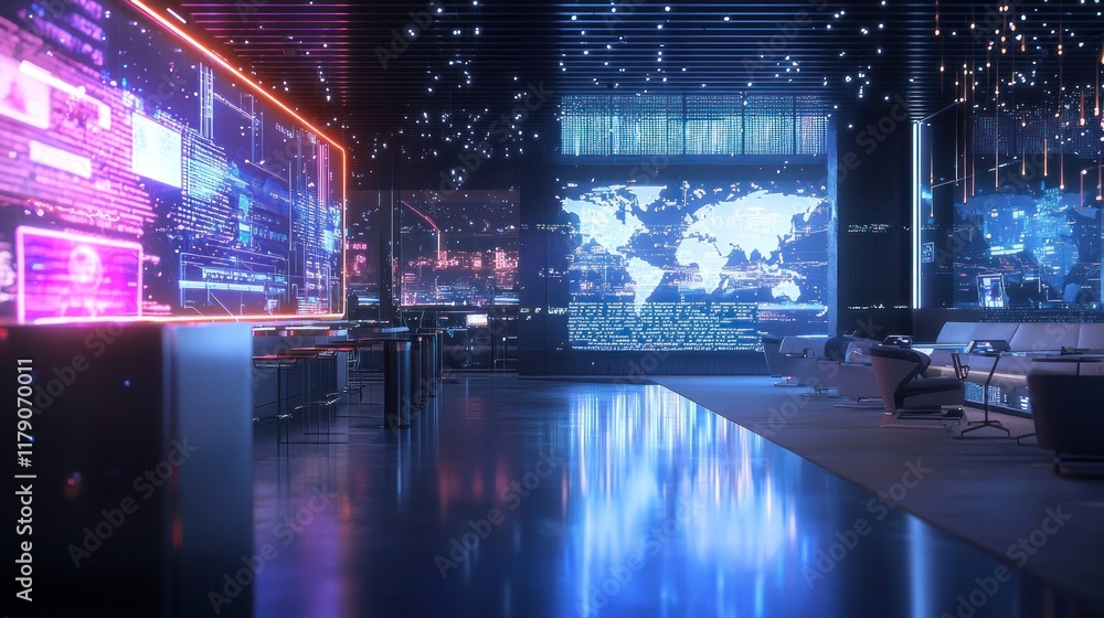 Poster futuristic digital command center: global network visualization