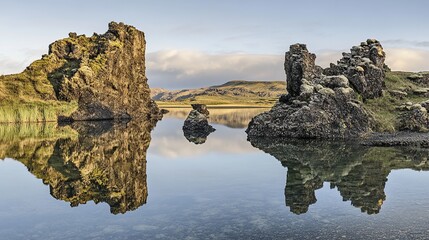 A serene lake mirrors the towering peaks of a mountain, capturing its grandeur and casting an ethereal glow upon the landscape. Arnarstapi, a coastal gem on Sn?fellsnes Peninsula in West Iceland