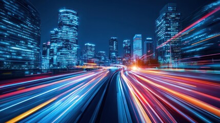Fototapeta premium Night cityscape with vibrant light trails on highway.
