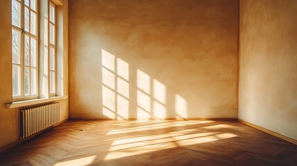 Obraz premium A simple room bathed in warm sunlight, creating a tranquil atmosphere. Light wood floors and neutral walls combine with geometric shadows cast by the large window to evoke a sense of coziness. 