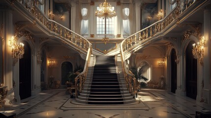 Naklejka premium Grand opulent palace staircase, marble floors, gold railings, chandelier.