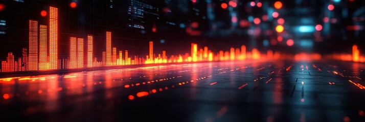 Fototapeta premium Abstract Digital Data Visualization: Glowing Orange Bars Reflecting on a Dark Surface