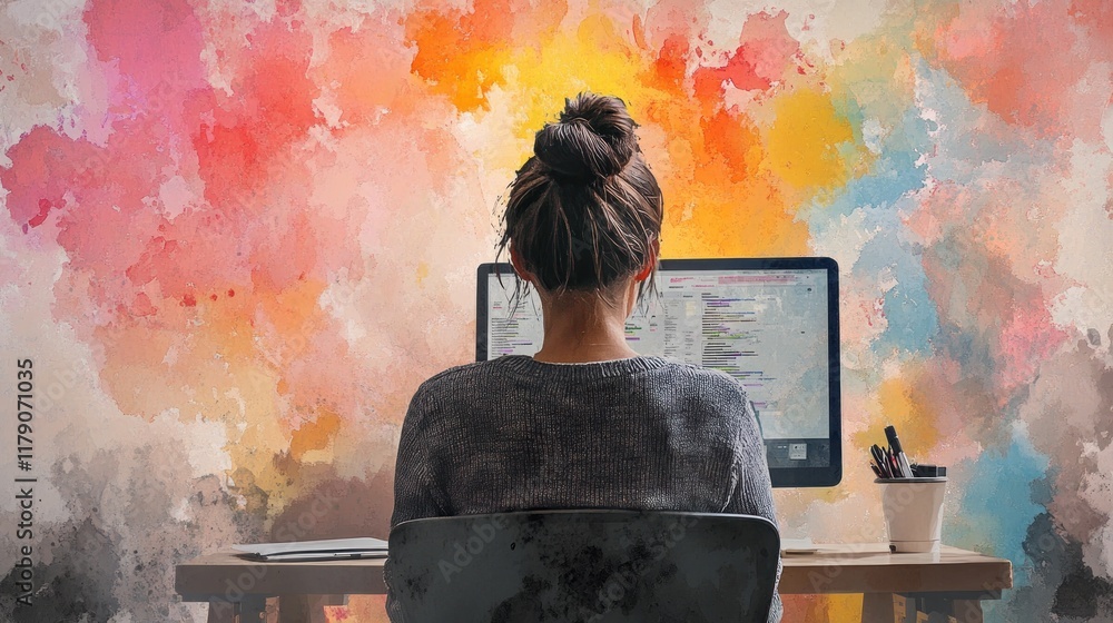 Poster woman programmer coding at desk, colorful background.