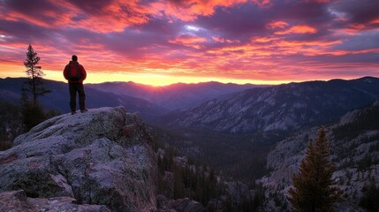 Man on mountaintop watching vibrant sunrise over valley.